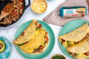 Breakfast tacos served with Isernio's chicken sausage, eggs, salsa and cheese.